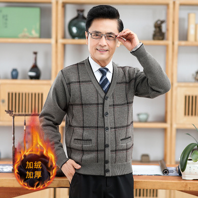 秋冬中年男士保暖加绒加厚外套长袖格子提花加绒羊毛开衫外套_875