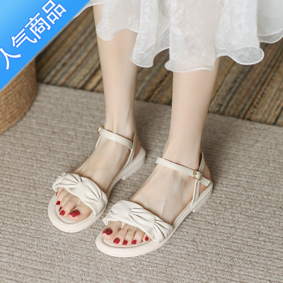 SUNTEK2023年夏季新款低跟平底仙女风一字带配裙子的学生软底时装凉鞋女