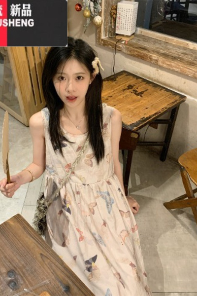 YIBUSHENG2024新款季高级感度假风蝴蝶印花复古无袖法式连衣裙背心长裙女