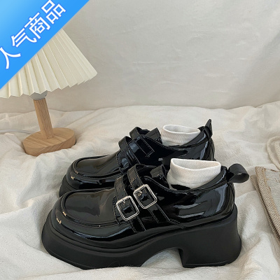 SUNTEK春季松糕厚底粗跟增高乐福鞋女金属双扣亮面英伦日系jk小皮鞋子潮
