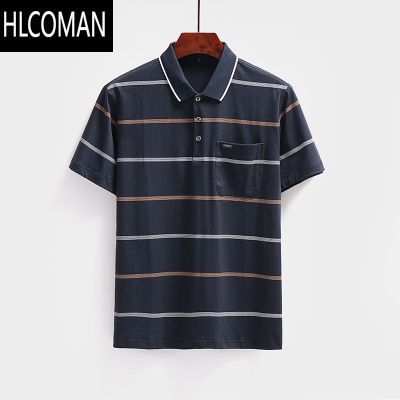 HLCOMAN2025夏装中老年男士短袖t恤条纹带口袋polo衫夏季老人上衣服