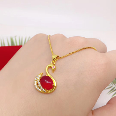 新款镀金沙金项链女久不掉色 仿黄金镶钻红宝石天鹅吊坠细锁骨链送女朋友老婆情人节七夕生日礼物
