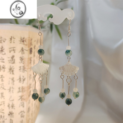 JiMi只此青绿流苏耳环古风耳坠新中式无耳洞耳夹古典汉服配饰小众设计