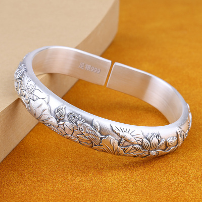 马蹄镯999纯银女开口实心复古浮雕国风民族风鱼戏莲叶间足银镯子送女朋友老婆情人节七夕生日礼物