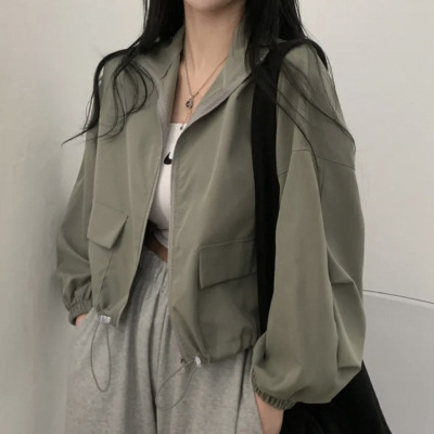 春夏薄款防晒防风时尚复古百搭工装抽绳短款棒球服夹克上衣外套潮