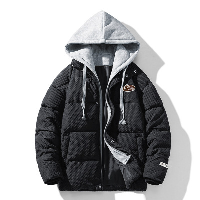 新款冬季男装加厚假两件棉衣男韩版连帽棉服潮流宽松保暖棉袄外套
