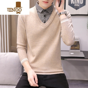 YANXU男士假长袖t恤衬衫领潮流加绒打底衫秋衣男装卫衣加厚