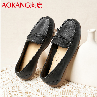 奥康女鞋春秋季牛皮休闲豆豆鞋软底护士鞋防滑舒适蝴蝶结妈妈鞋
