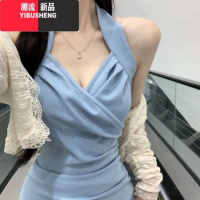 YIBUSHENG大码胖MM纯欲挂脖吊带连衣裙女气质性感收腰显瘦包臀开叉中长裙