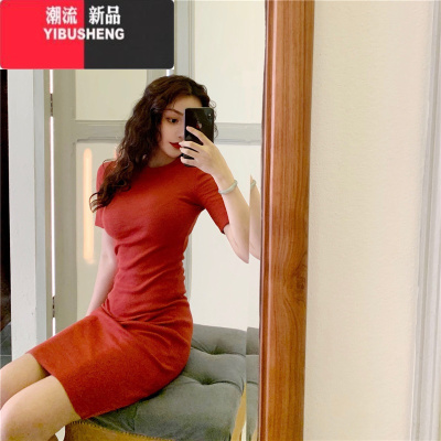 YIBUSHENG连衣裙女装季修身高级气质紧身小个子显瘦长款裙子短袖包臀短裙
