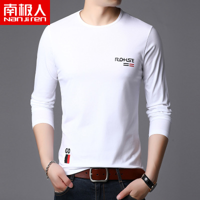 南极人中年男士薄款休闲长袖直筒T恤圆领长袖字母印花纯棉打底衫