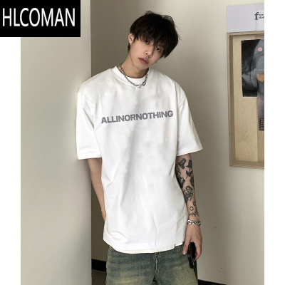 HLCOMAN美式复古高街字母短袖T恤男夏季时尚潮牌白色正肩宽松小领口上衣