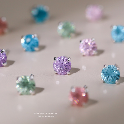 爆闪烟花切彩锆石耳钉女s999纯银百搭轻奢高级感水钻足银耳骨钉送女朋友老婆情人节七夕生日礼物