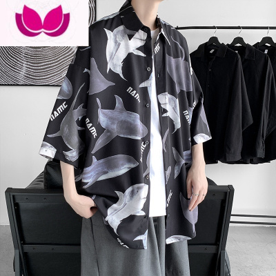 七斓校园衬衫男短袖夏季薄款小熊衬衣外套韩版设计感小众五分袖上衣潮