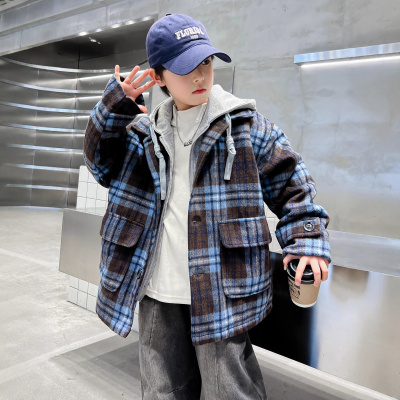 男童夹棉呢子外套冬季新款潮加厚格子大衣儿童假两件连帽夹克