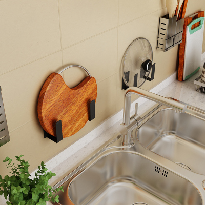 刀架壁挂式厨房用品家用大全免打孔锅盖架筷子筒菜刀收纳置物架 敬平 锅盖架1套+砧板架1套[黑色]厨具