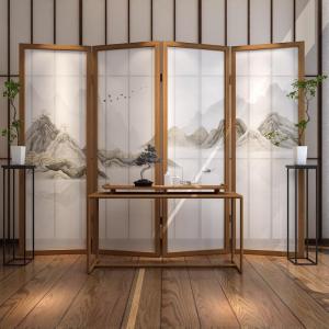 BONJEAN新中式办公室屏风折叠移动客厅隔断装饰简约现代玄关山水移动折屏