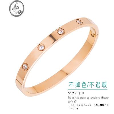 JiMi钛钢手镯女ins小众设计网红玫瑰金轻奢手饰冷淡风宽版钻手环镶钻