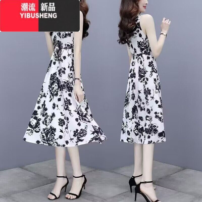 YIBUSHENG碎花无袖大码连衣裙女2024新款高级感气质显瘦减龄雪纺a字长裙