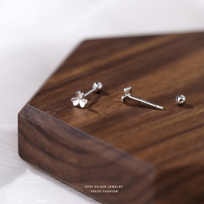 s999足银三叶草螺丝纹耳钉轻奢简约小众高级感设计网红风耳饰批发送女朋友老婆情人节七夕生日礼物