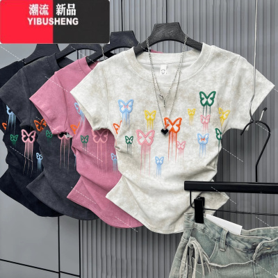 YIBUSHENG蝴蝶正肩短袖T恤女2024季新款设计感小众收腰扎染褶皱短款上衣