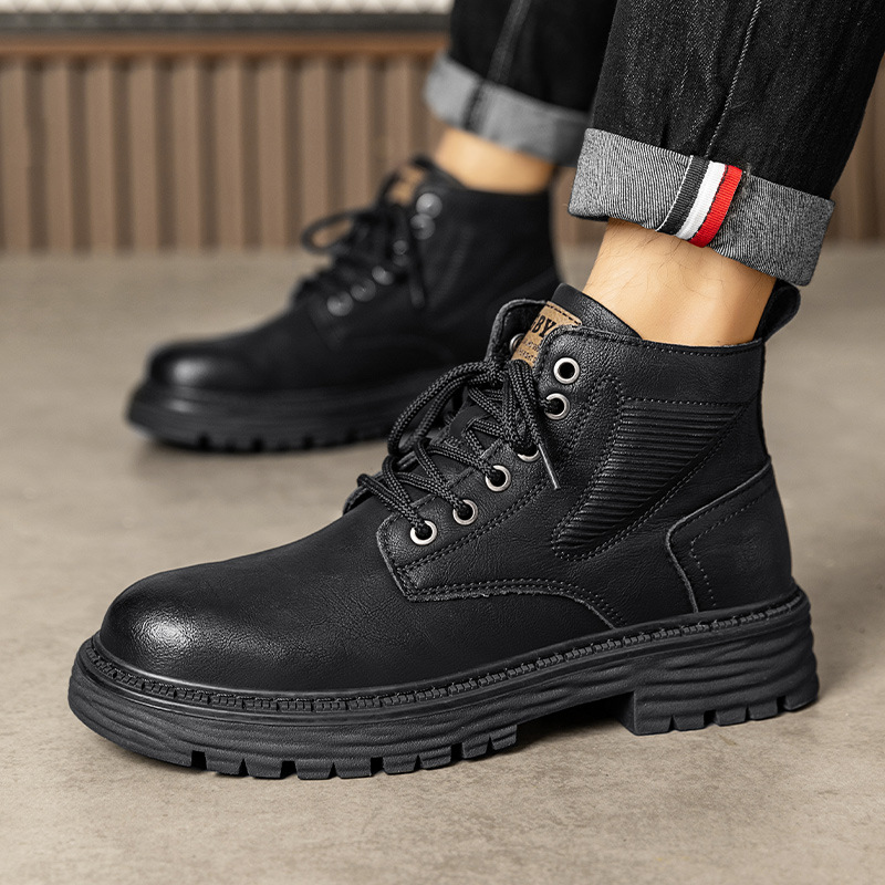 马丁靴男鞋秋冬季新款高帮英伦风休闲机车皮靴冷粘皮面运动男靴
