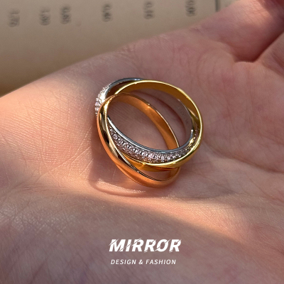 925纯银三色交叉闪亮戒指女指环尾戒三环轻奢潮流新重约7g送女朋友老婆情人节七夕生日礼物