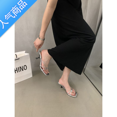 SUNTEK仙女绝美细带凉鞋女夏外穿2023新款夹趾凉拖女鞋细跟黑色高跟拖鞋