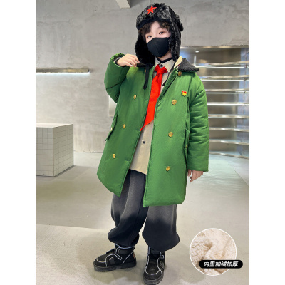 男童军大衣儿童绿色加绒加厚棉服大童中长款外套冬装棉袄冬季棉衣