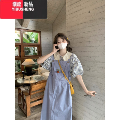 YIBUSHENG季新款女高腰修身宽松百搭短袖连衣裙小个子显瘦过膝减龄中长裙