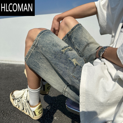 HLCOMAN破洞牛仔短裤男款夏季美式潮流宽松休闲裤子水洗大码高街五分裤子