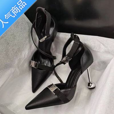 SUNTEK高跟凉鞋女2023春季新款性感尖头细跟黑色欧美金属扣气质浅口单鞋