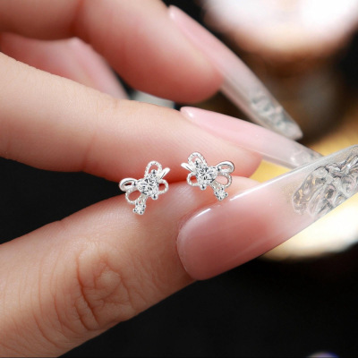 爱心蝴蝶结耳钉S999纯银锆石轻奢小众设计感耳饰品送女友闺蜜礼物送女朋友老婆情人节七夕生日礼物