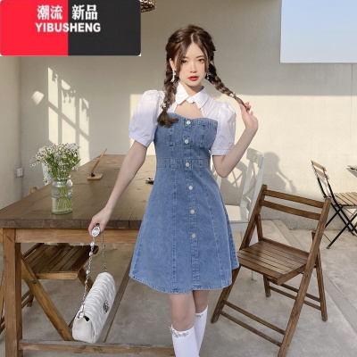 YIBUSHENG减龄气质牛仔连衣裙女2024年季薄款大码设计感收腰显瘦背带短裙