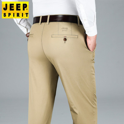 JEEP SPIRIT夏季男士休闲长裤子中年棉中腰直筒宽松纯色薄款