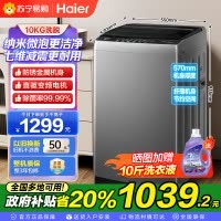 海尔(Haier)10公斤 变频 全自动 波轮洗衣机 1.0洗净比 纳米微泡净 除菌除螨 XQB100-BZ20B0