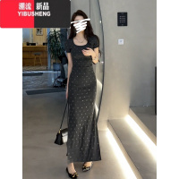 YIBUSHENG纯欲风重工烫钻短袖连衣裙女2024季新款辣妹修身显瘦开叉包臀裙