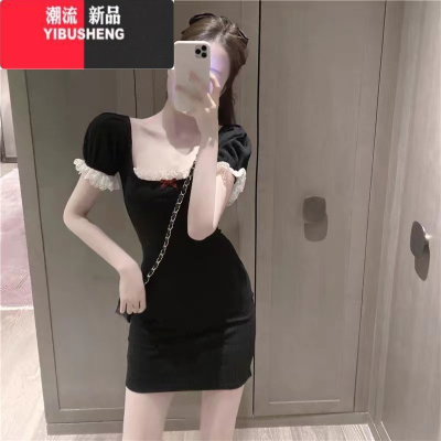 YIBUSHENG纯欲风方领泡泡袖连衣裙女小个子季甜辣妹包臀短裙收腰紧身裙子