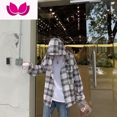 七斓薄款格子衬衫男长袖宽松轻熟外套BF日系ins连帽外穿衬衣服