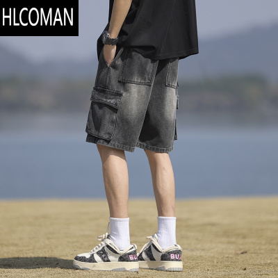 HLCOMAN工装黑灰色牛仔短裤男夏季薄款水洗做旧高街复古宽松休闲五分裤潮