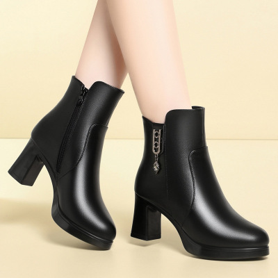 冬季新款女靴加绒棉鞋高跟短筒靴女棉靴粗跟厚底女式棉皮鞋妈妈鞋