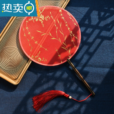 XIANCAI烫金长柄团扇半透明汉服旗袍走秀宫扇古装扇子圆扇中式中国风古风 红色烫金扇