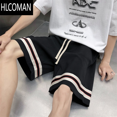 HLCOMAN织带横条纹短裤男夏季ins潮流外穿休闲运动裤男宽松直筒五分裤子