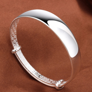 银手镯女9999纯银光面推拉实心手环可调节简约年轻款银镯子送女朋友老婆情人节七夕生日礼物
