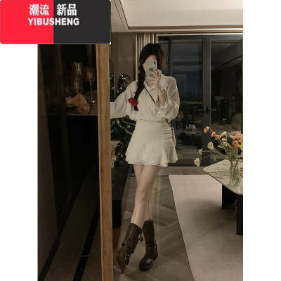 YIBUSHENG大码赫本风假两件连衣裙女季收腰显瘦衬衫裙胖mm辣妹包臀短裙子
