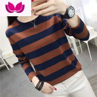 七斓秋装女2023新款长袖早秋季 上衣服学生条纹t恤韩版宽松百搭打底衫