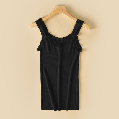 秋冬款保暖背心女蕾丝大圆领修身显瘦打底纯色简约毛圈绒吊带