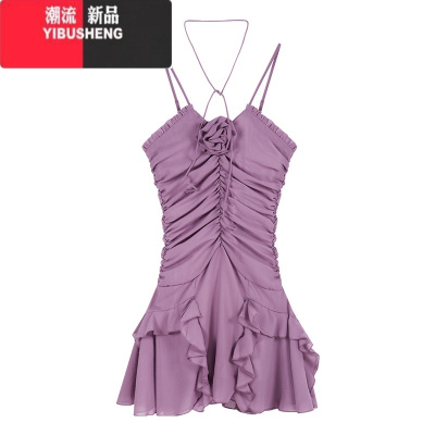 YIBUSHENG荷叶边紫色吊带连衣裙女装季收腰性感a字短裙褶皱v领不规则裙子
