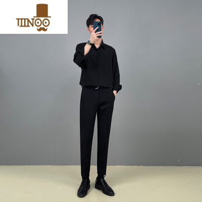 YANXU黑色衬衫男长袖感痞帅潮轻熟风休闲上衣痞帅白dk垂感衬衣