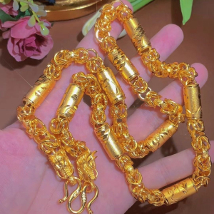 越南沙金项链男霸气龙头龙凤桶珠链布纹龙麻花男士布纹龙金店同款送女朋友老婆情人节七夕生日礼物 龙凤龙头链10mm70cm125g